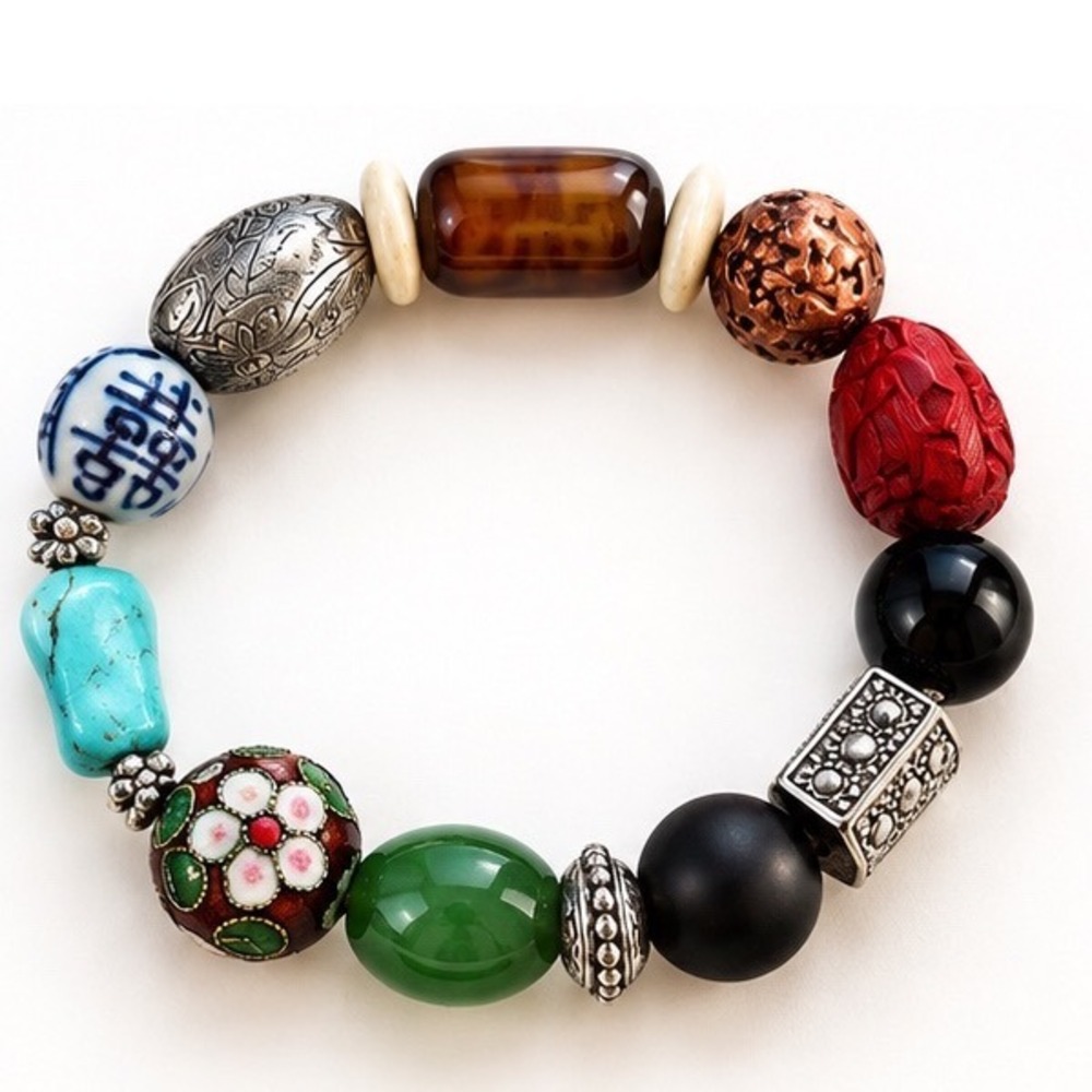 Vintage Mixed Media Beaded Stretch Bracelet Turquoise Jade Cloisonne Cinnabar